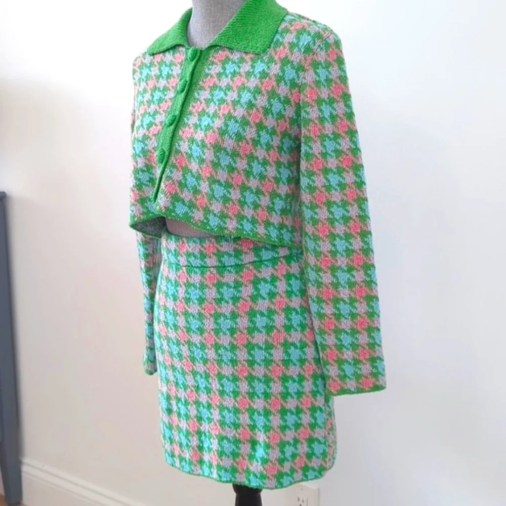 ZARA Houndstooth Knit Crop Cardigan & Skirt Set 2 pc S pink green mini skirt - Picture 4 of 13